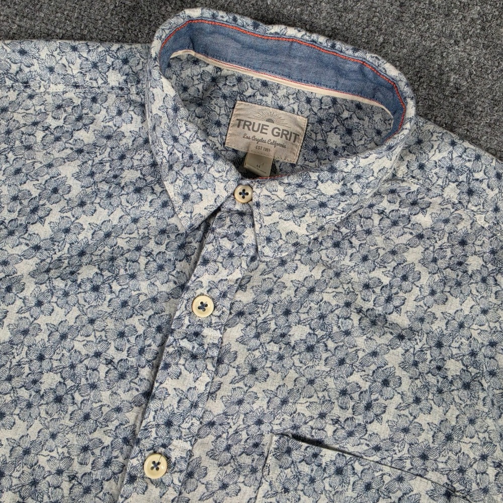 True Grit Linen Button Down Shirt Mens M Blue Floral Cotton Short Sleeve